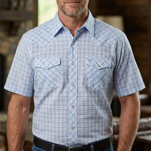 Wrangler Short Sleeve Western Shirt Pearl Snap Light Blue Plaid XL